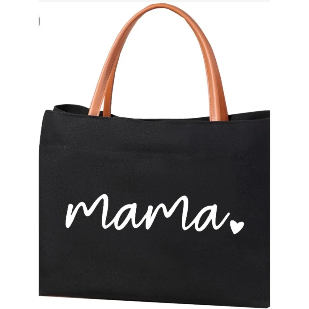 Mama Heart Graphic Canvas Tote Bag Black Tan Handles Magnetic Snap Pocket